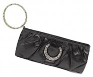 Evening Bag - Shiny Leather-Like Pleated w/ Crystal Accent Ring – Black – BG-90373B